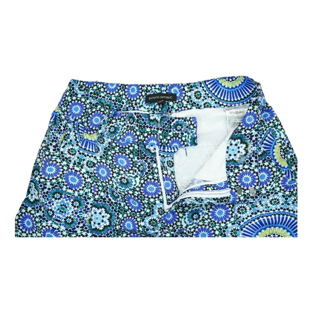 BANANA REPUBLIC Women's Blue Floral Geometric Wide Leg Tie Waist Pants Sz 0‎